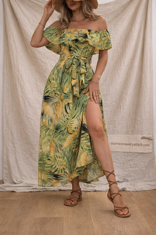 Boho Off-Shoulder Maxi Dress with Side Slit – Relaxed Flowy Fit