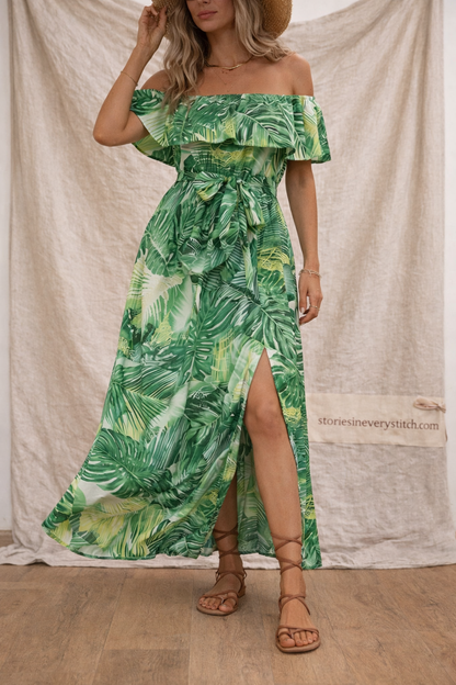 Boho Off-Shoulder Maxi Dress with Side Slit – Relaxed Flowy Fit