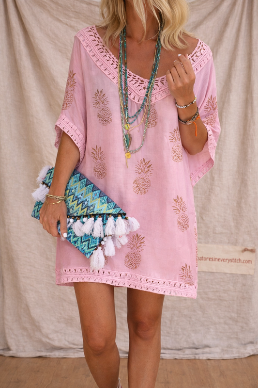 Boho Embroidered Mini Dress with V-Neck and Short Sleeves – Relaxed Flowy Fit
