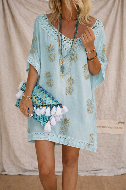 Boho Embroidered Mini Dress with V-Neck and Short Sleeves – Relaxed Flowy Fit