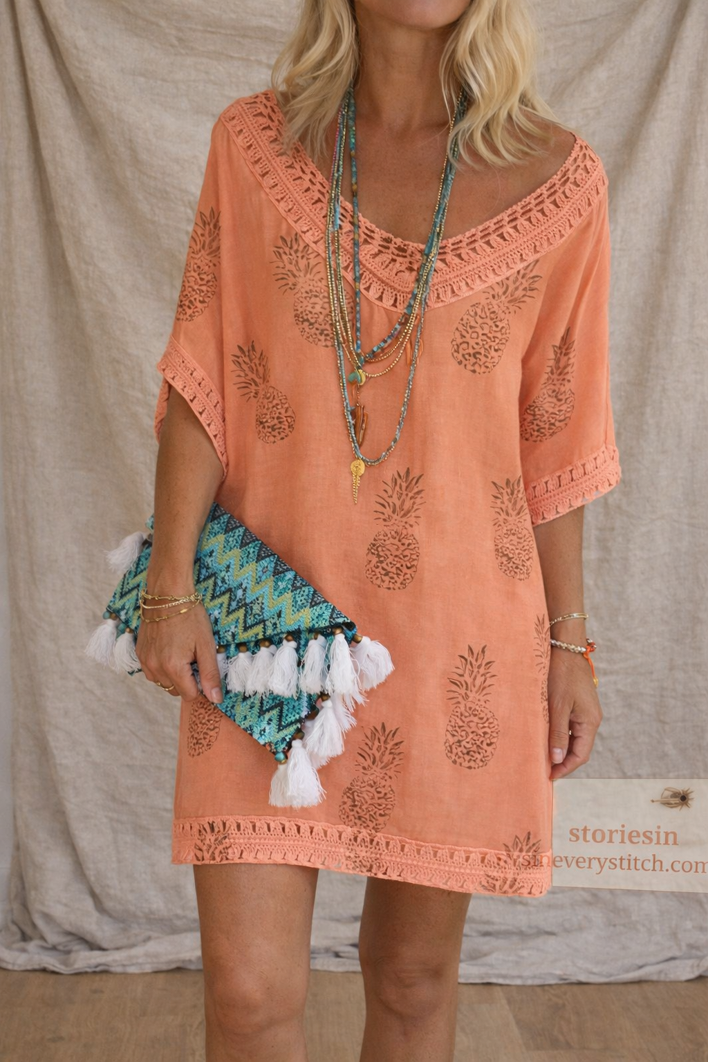 Boho Embroidered Mini Dress with V-Neck and Short Sleeves – Relaxed Flowy Fit
