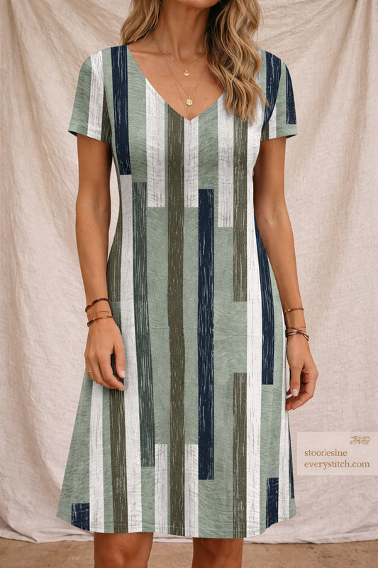 Striped Casual Midi Dress with Short Sleeves – Relaxed Flowy Fit