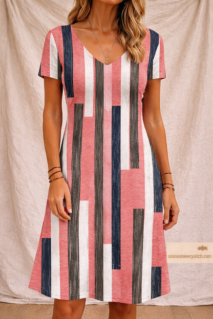 Striped Casual Midi Dress with Short Sleeves – Relaxed Flowy Fit