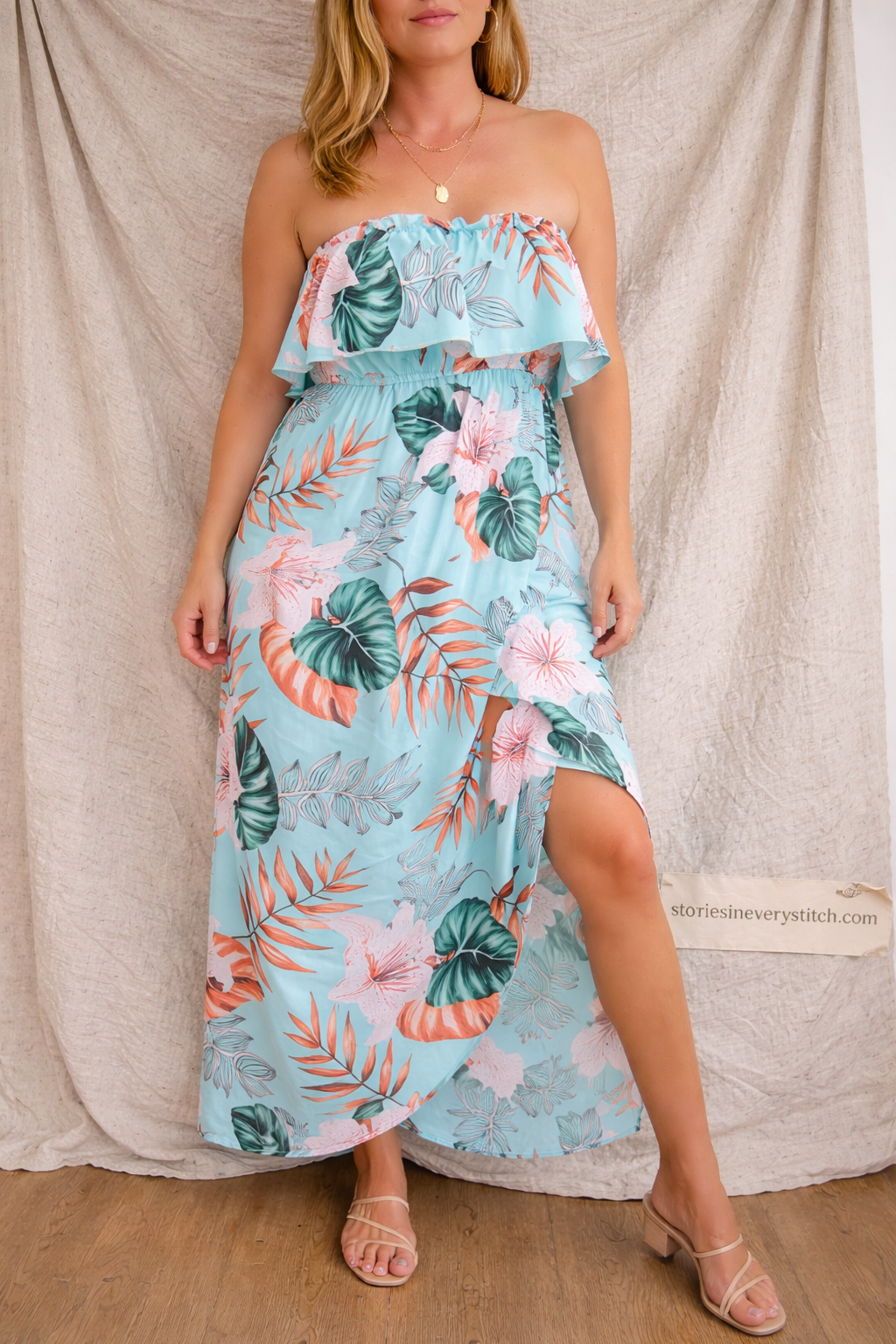 Floral Strapless Maxi Dress with Side Slit – Relaxed Flowy Fit