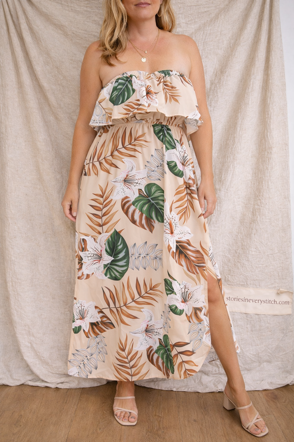 Floral Strapless Maxi Dress with Side Slit – Relaxed Flowy Fit