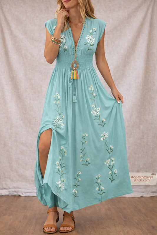 Boho Embroidered Maxi Dress with V-Neck and Sleeveless Design – Relaxed Flowy Fit