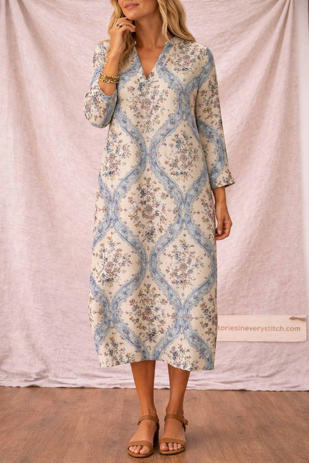 Boho Printed Midi Dress with Long Sleeves and V-Neck – Relaxed Flowy Fit