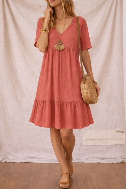 Tiered Mini Dress with Short Sleeves and V-Neck – Relaxed Flowy Fit