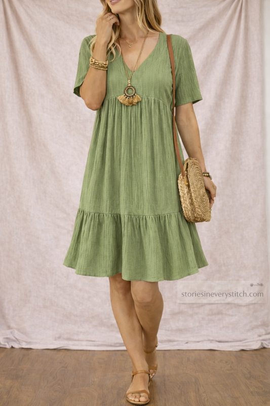Tiered Mini Dress with Short Sleeves and V-Neck – Relaxed Flowy Fit