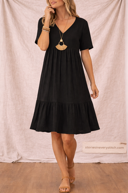 Tiered Mini Dress with Short Sleeves and V-Neck – Relaxed Flowy Fit