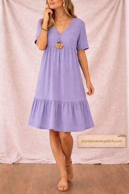 Tiered Mini Dress with Short Sleeves and V-Neck – Relaxed Flowy Fit