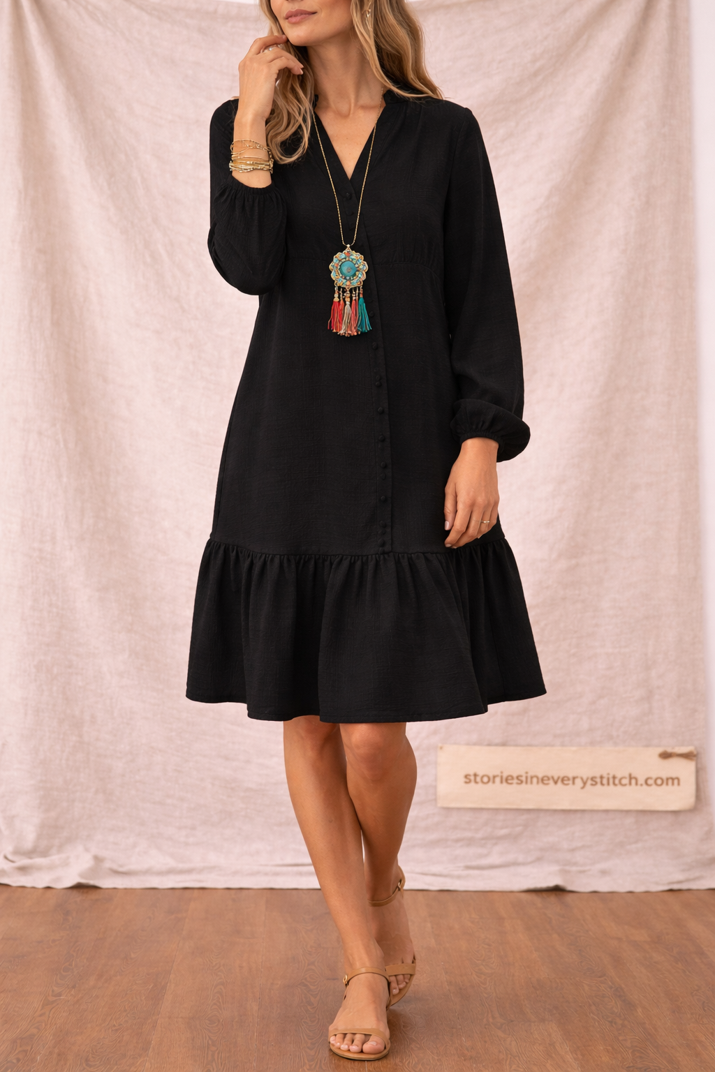 Boho Long Sleeve Midi Dress with Ruffle Hem – Relaxed Flowy Fit