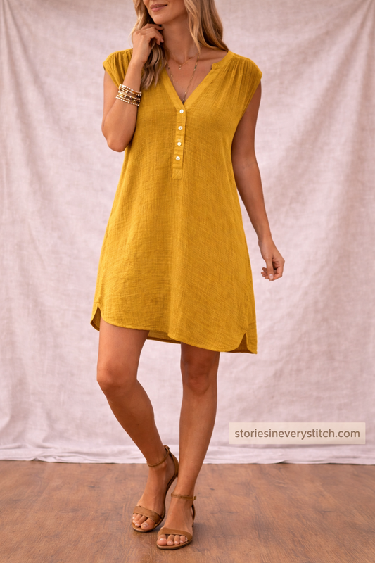 Casual Mini Dress with V-Neck and Cap Sleeves – Relaxed Flowy Fit