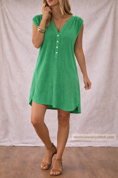 Casual Mini Dress with V-Neck and Cap Sleeves – Relaxed Flowy Fit