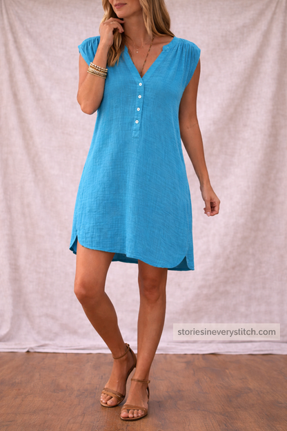 Casual Mini Dress with V-Neck and Cap Sleeves – Relaxed Flowy Fit
