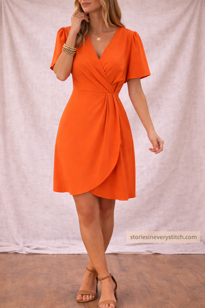 Wrap Mini Dress with V-Neck and Short Sleeves – Relaxed Flowy Fit