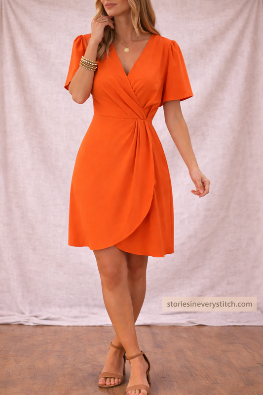 Wrap Mini Dress with V-Neck and Short Sleeves – Relaxed Flowy Fit