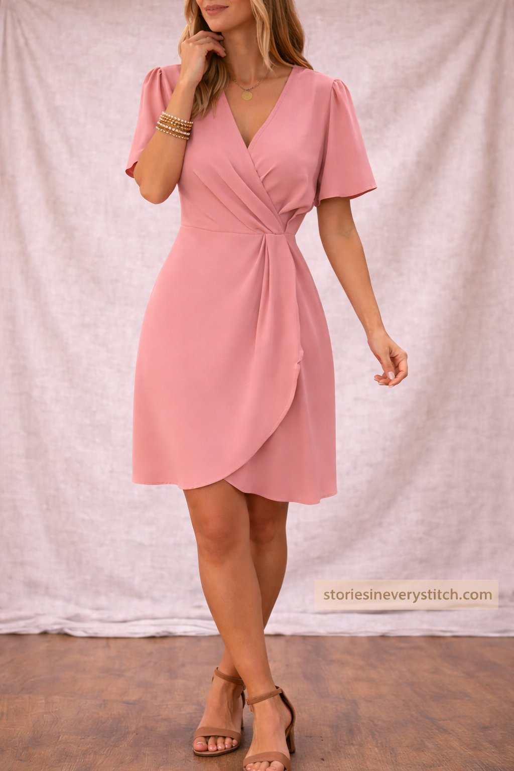 Wrap Mini Dress with V-Neck and Short Sleeves – Relaxed Flowy Fit