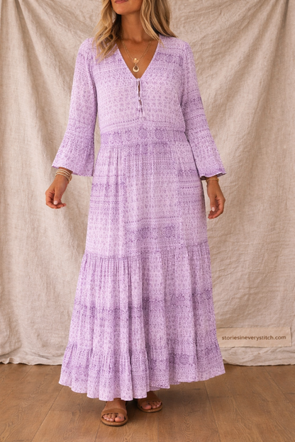Boho Tiered Maxi Dress with Long Sleeves and Button Detail – Relaxed Flowy Fit