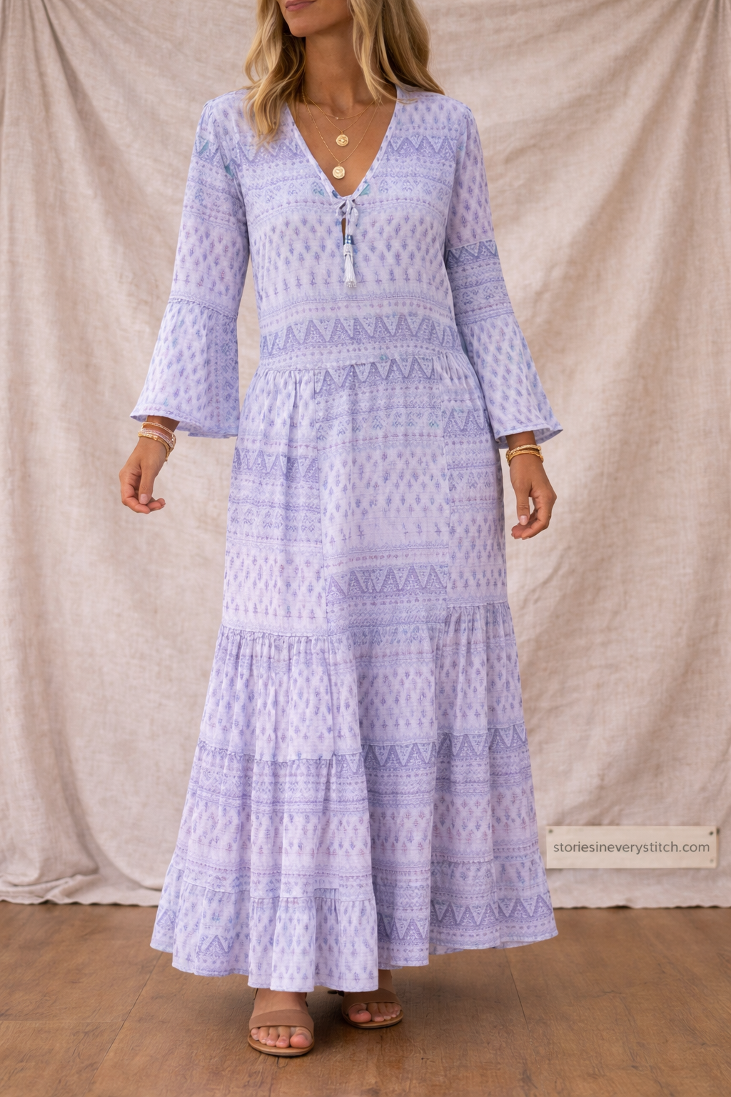 Boho Tiered Maxi Dress with Long Sleeves and Button Detail – Relaxed Flowy Fit