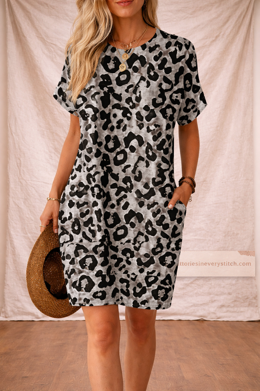 Leopard Print Mini Dress with Short Sleeves and Pockets – Relaxed Flowy Fit