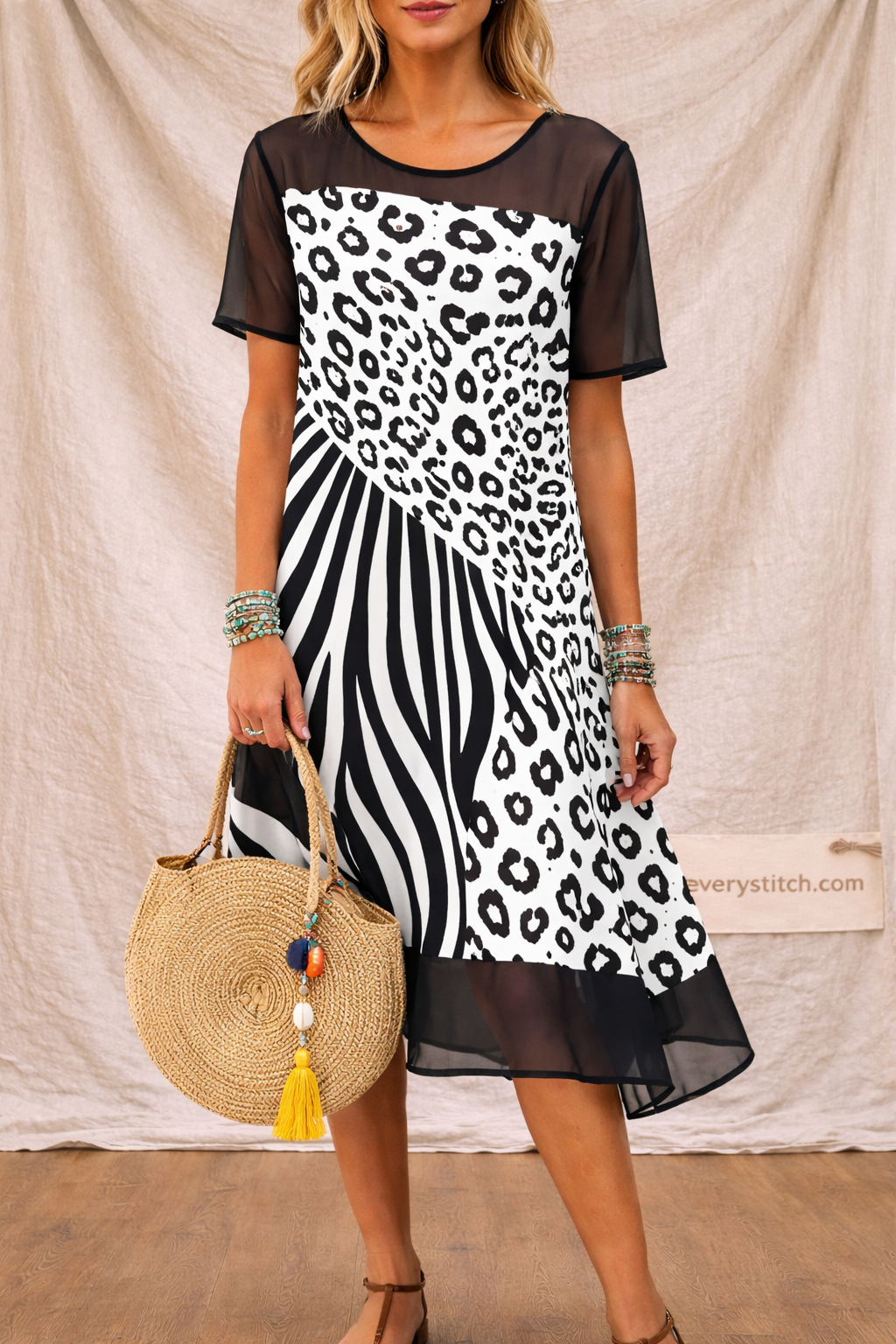 Mixed Animal Print Midi Dress with Sheer Sleeves and Hem – Relaxed Flowy Fit