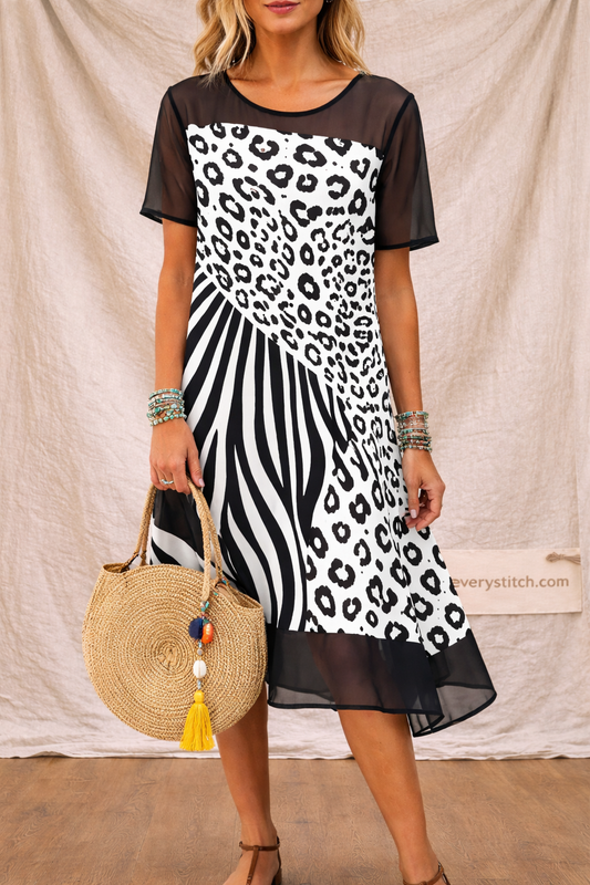 Mixed Animal Print Midi Dress with Sheer Sleeves and Hem – Relaxed Flowy Fit