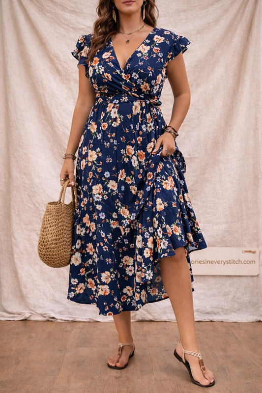 Floral Wrap Midi Dress with Ruffle Hem and Flutter Sleeves – Relaxed Flowy Fit