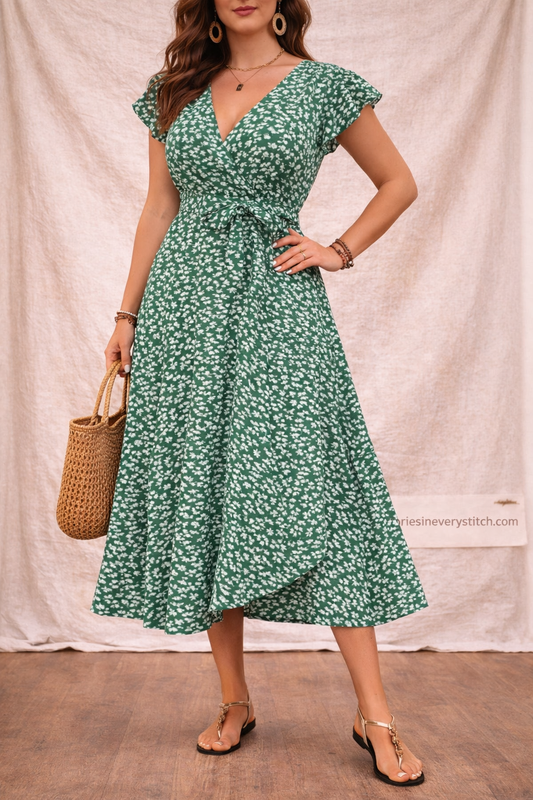 Floral Wrap Midi Dress with Ruffle Hem and Flutter Sleeves – Relaxed Flowy Fit