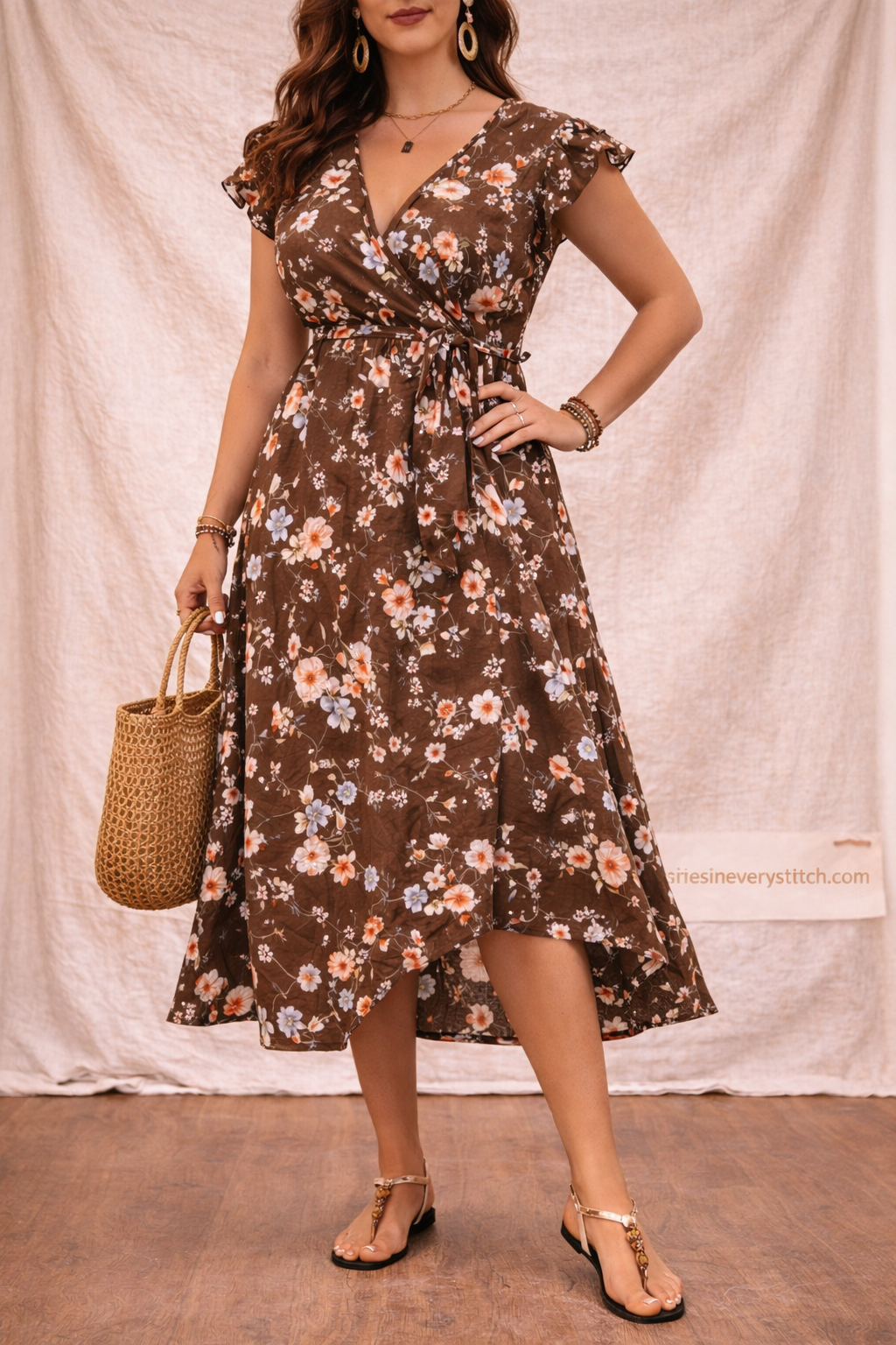 Floral Wrap Midi Dress with Ruffle Hem and Flutter Sleeves – Relaxed Flowy Fit
