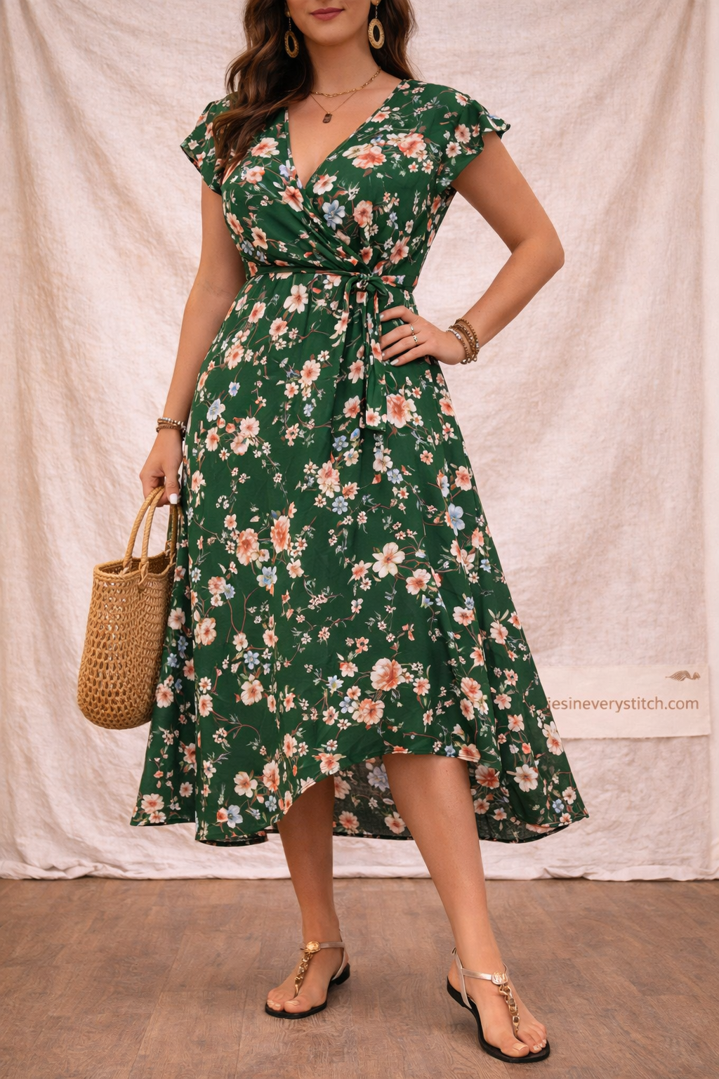 Floral Wrap Midi Dress with Ruffle Hem and Flutter Sleeves – Relaxed Flowy Fit