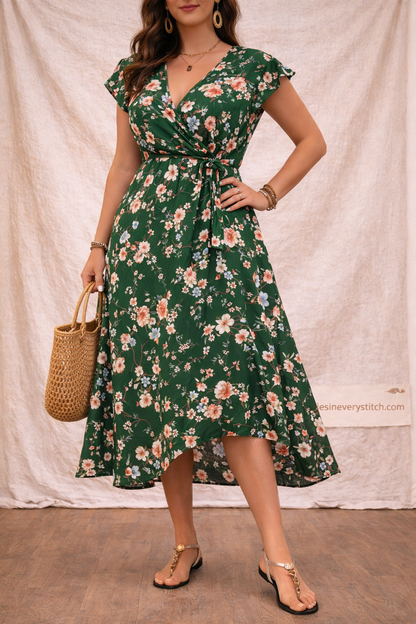 Floral Wrap Midi Dress with Ruffle Hem and Flutter Sleeves – Relaxed Flowy Fit