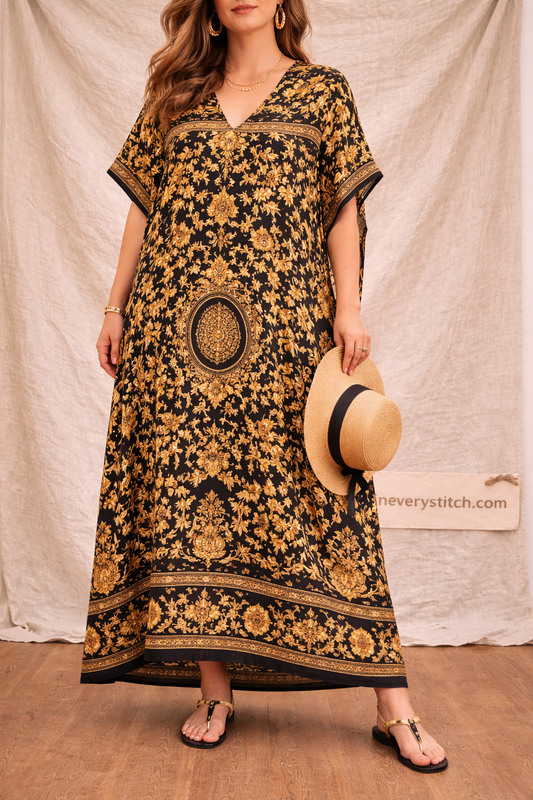 Boho Printed Maxi Kaftan Dress with V-Neck and Short Sleeves – Relaxed Flowy Fit