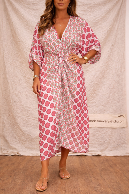 Boho Printed Maxi Dress with V-Neck and Tie Waist – Relaxed Flowy Fit