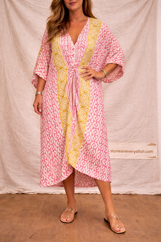 Boho Printed Maxi Dress with V-Neck and Tie Waist – Relaxed Flowy Fit