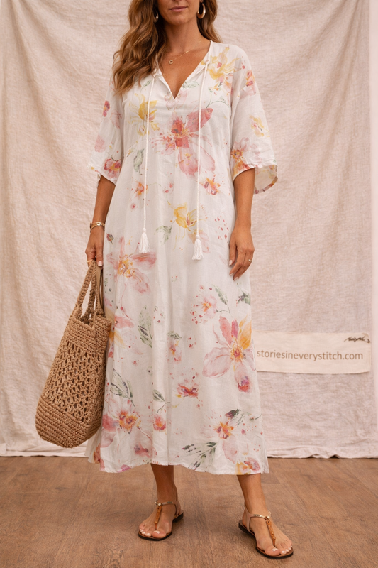 Boho Floral Midi Dress with V-Neck and Tassel Tie – Relaxed Flowy Fit