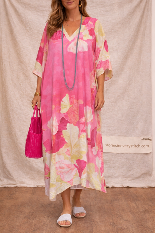 Boho Floral Maxi Dress with Short Sleeves and Loose Fit – Relaxed Flowy Fit