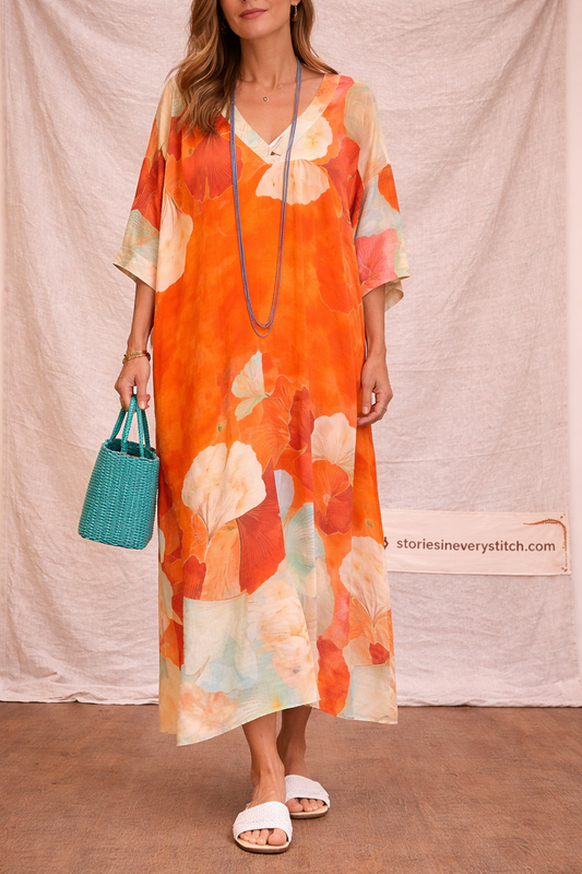 Boho Floral Maxi Dress with Short Sleeves and Loose Fit – Relaxed Flowy Fit