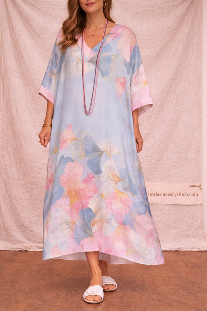 Boho Floral Maxi Dress with Short Sleeves and Loose Fit – Relaxed Flowy Fit