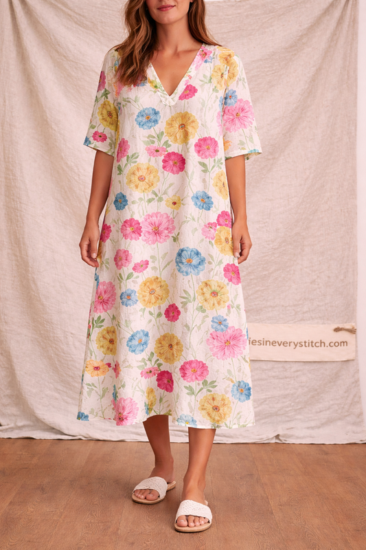 Floral Button Front Midi Dress with Short Sleeves – Relaxed Flowy Fit