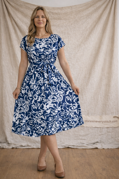 Floral Midi Dress with Short Sleeves and Crew Neck – Relaxed Flowy Fit