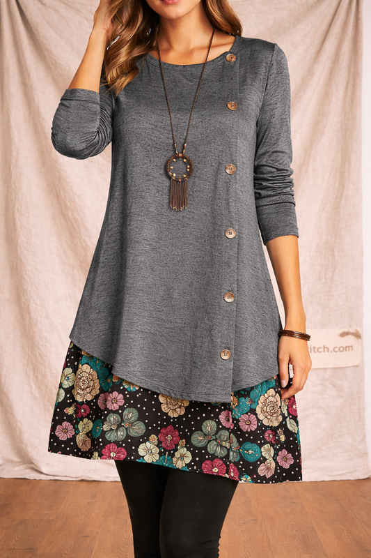 Casual Button Front Tunic Dress with Floral Hem and Long Sleeves – Relaxed Flowy Fit