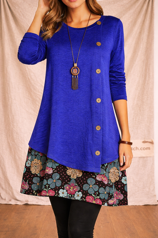 Casual Button Front Tunic Dress with Floral Hem and Long Sleeves – Relaxed Flowy Fit