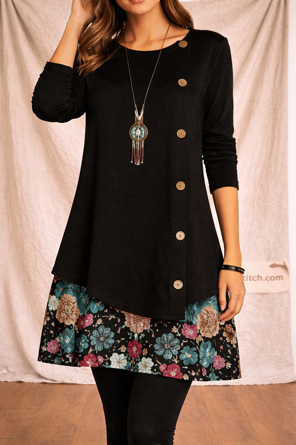 Casual Button Front Tunic Dress with Floral Hem and Long Sleeves – Relaxed Flowy Fit