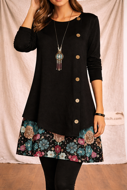 Casual Button Front Tunic Dress with Floral Hem and Long Sleeves – Relaxed Flowy Fit