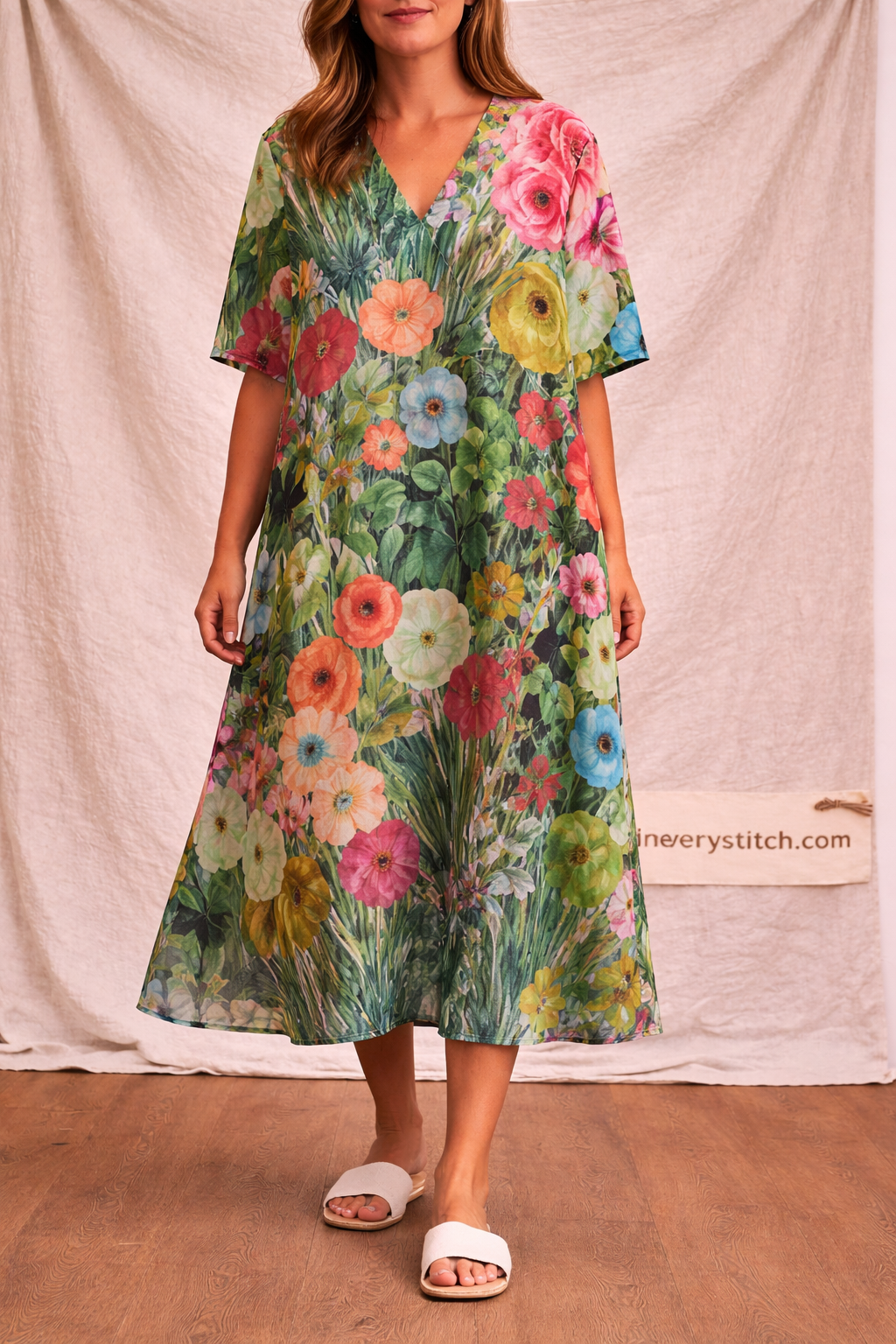 Floral Button Front Midi Dress with Short Sleeves – Relaxed Flowy Fit