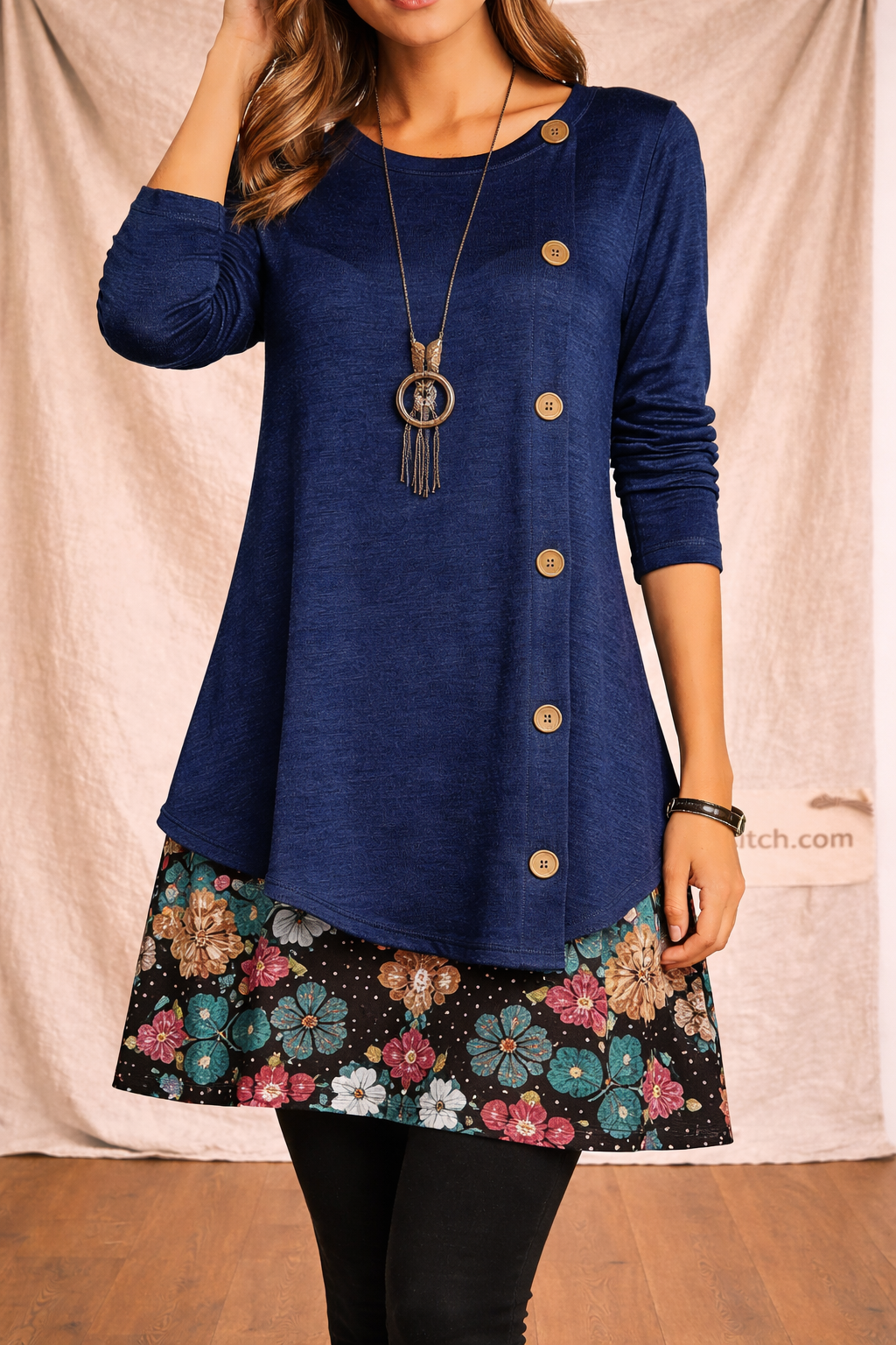 Casual Button Front Tunic Dress with Floral Hem and Long Sleeves – Relaxed Flowy Fit