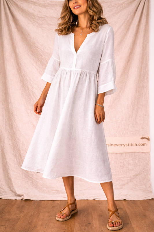 Casual Midi Dress with V-Neck and Long Sleeves – Relaxed Flowy Fit