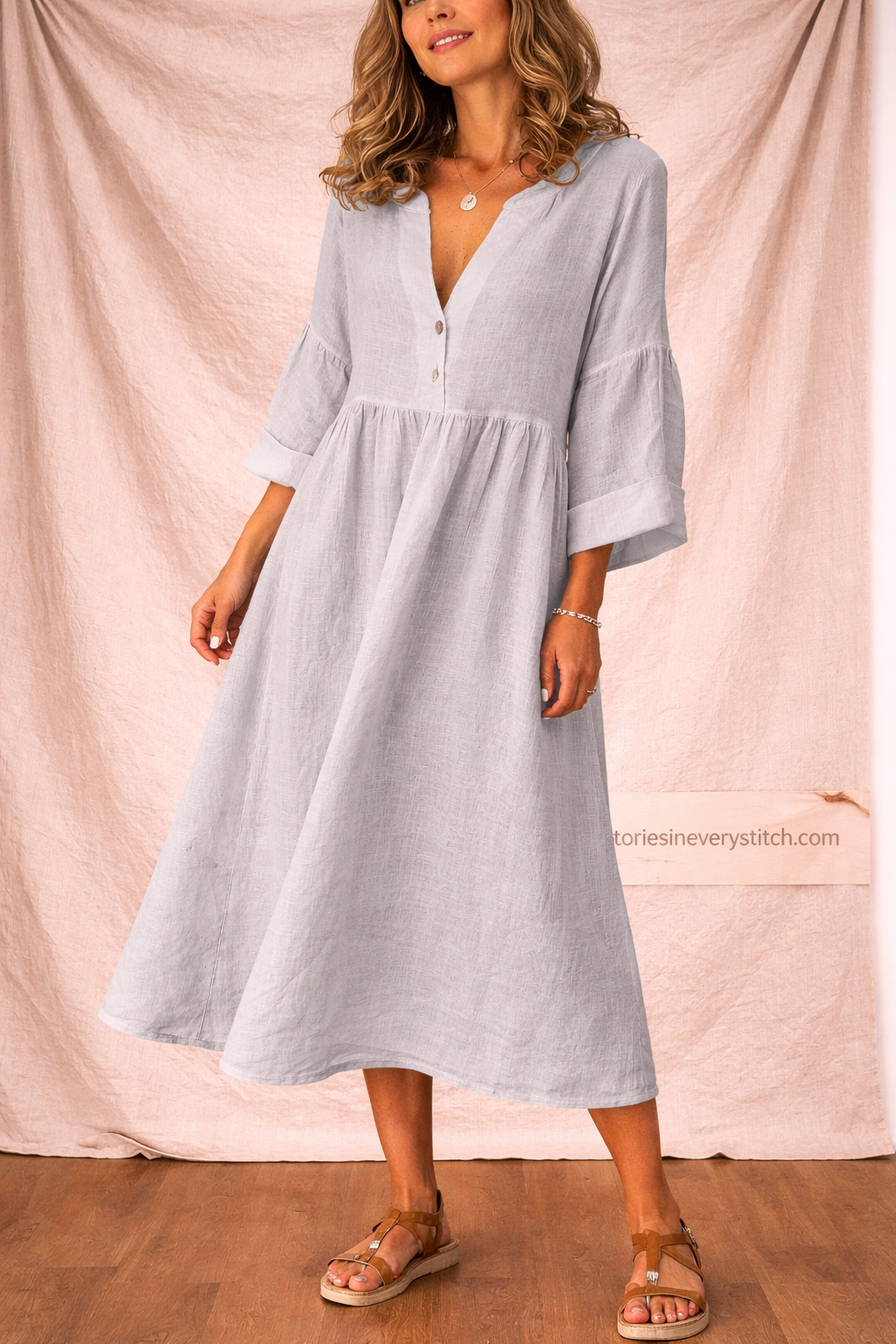 Casual Midi Dress with V-Neck and Long Sleeves – Relaxed Flowy Fit
