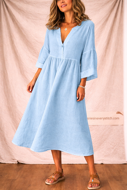 Casual Midi Dress with V-Neck and Long Sleeves – Relaxed Flowy Fit